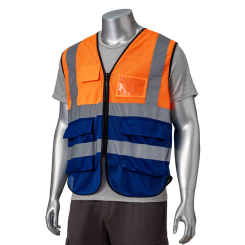 Class-2 Reflective Safety Vest With 4 Pockets | Safety orange-blue